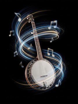 Classic banjo surrounded by glowing light trails and musical notes on dark background