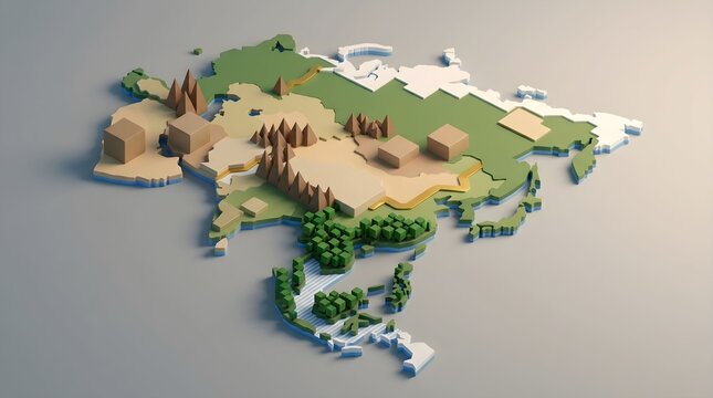 Vibrant 3D isometric map illustration of a diverse continent, showcasing mountains, forests, and plains with abstract blocky terrain. Ideal for modern infographics and educational visualizations