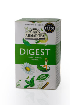 April 27, 2026, Tbilisi, Georgia Ahmad Tea Digest Sweet Mint Fennel Herbal Tea Box Packaging Isolated on White