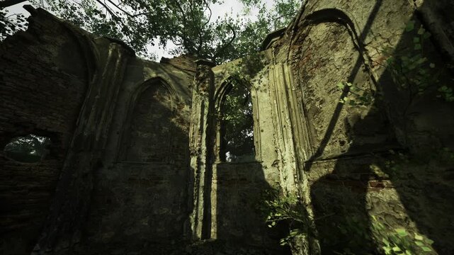 Sunlight filters through the remnants of an ancient building, where trees intertwine with stone walls. Green vines climb over weathered arches, creating a peaceful scene of nature reclaiming history.