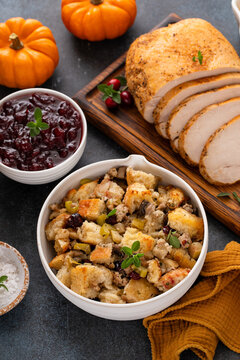 Thanksgiving stuffing in a serving bowl