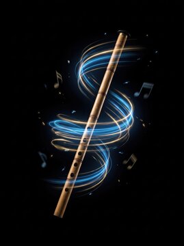 Traditional bamboo ney flute with spiraling glowing light trails and musical notes on black background