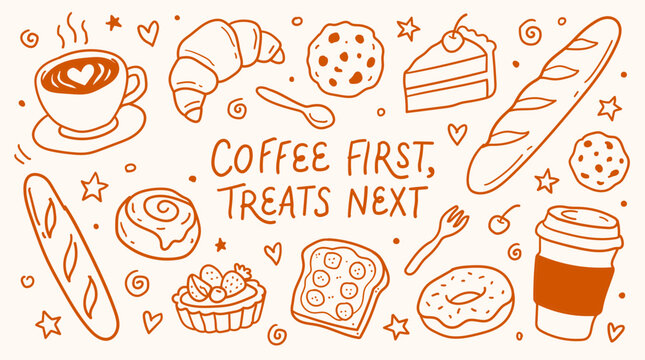 Doodle set of coffee and bakery items, hand drawn vector illustration with croissant, cake, bread and donut