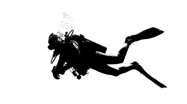 Silhouette of a scuba diver with equipment ascending in water against a white background