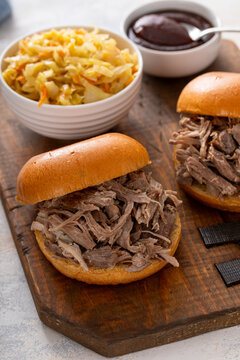 Pulled pork sandwiches with brioche buns and cabbage