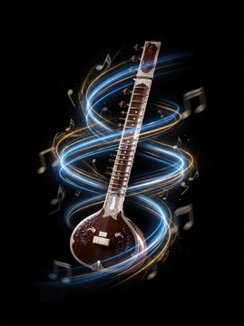 Traditional Indian sitar surrounded by glowing spiraling light trails and musical notes on dark background