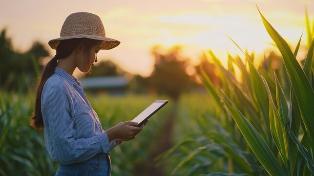 Woman using tablet in a corn field