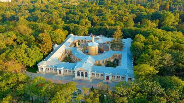 Yessentuki, Russia. Upper baths. Resort park. Park of Culture and Leisure. Sunset time. Drone footage, Point of interest