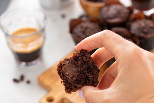 Chocolate chip muffins mini size on a board served with milk, double chocolate muffins, dessert idea