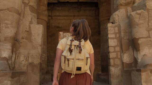 Female tourist walking and exploring Karnak Temple in Luxor, Egypt