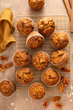 Pumpkin muffins with pecans and dried cranberries on a cooling rack