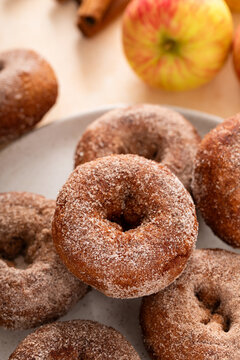 Pumpkin or apple cider donuts covered with cinnamon sugar