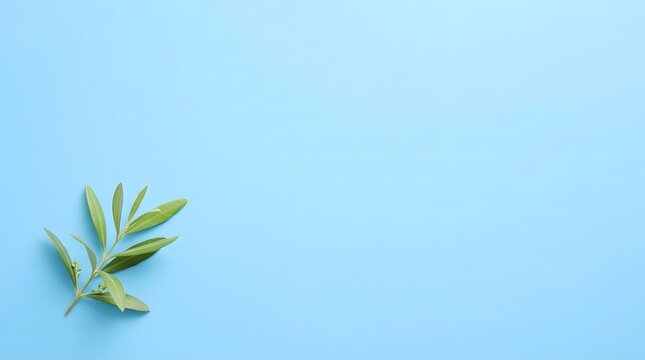 A single small green plant sprig isolated on a solid light blue background with copy space
