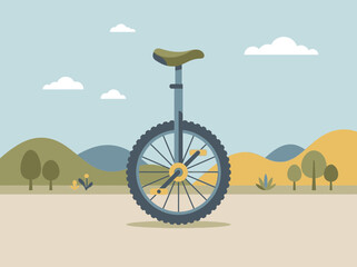 Flat vector illustration of a single wheel unicycle in a landscape. © Yanda