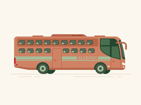 Flat vector illustration of a modern orange sleeper bus for long distance travel.