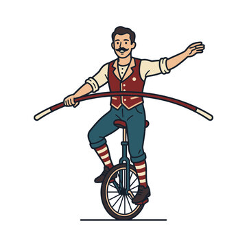A vintage circus performer balances on a unicycle while holding a long pole