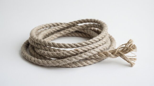 Natural jute rope coil on white background, rustic hemp cord with frayed end, textured nautical twine for industrial and craft use