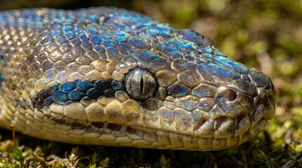 Fototapeta premium Close up iridescent snake head with shimmering blue scales