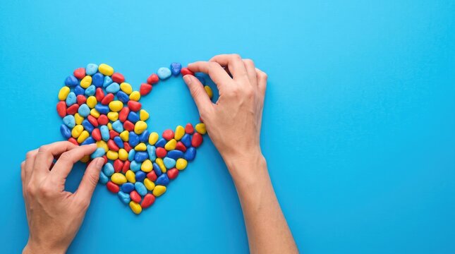 Hands arranging colorful small beads into a heart shape to celebrate teachers day with love and appreciation