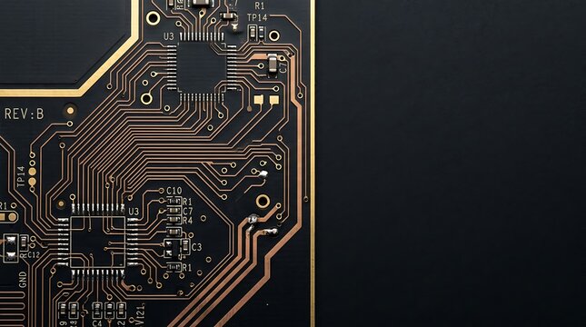 Close up of a circuit board surface with intricate traces with integrated circuit