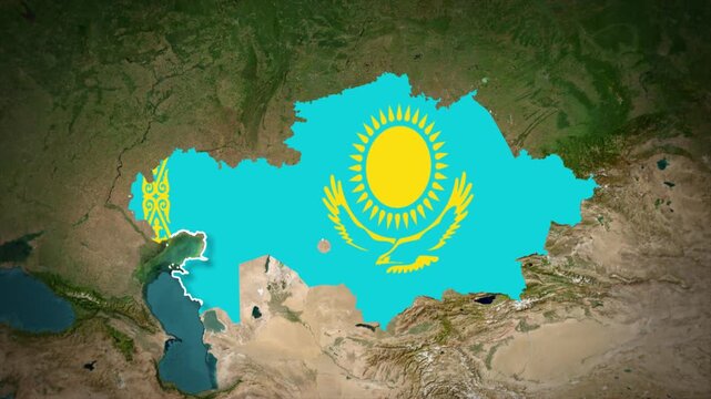 Kazakhstan Flag Map Animation, Zoom From Space to Kazakhstan, Asia Country Location Map, Central Asian Nation on Realistic Terrain Background
