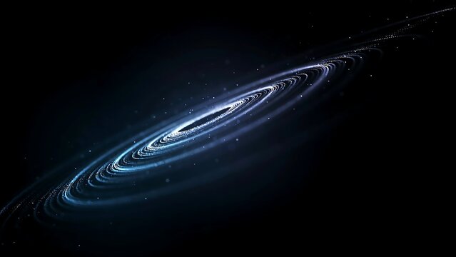 Cinematic cosmic black hole with glowing accretion disk, swirling blue light rings in deep space, futuristic celestial event background