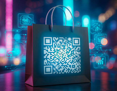 Shopping bag with QR code, over retail futuristic environment shopping background