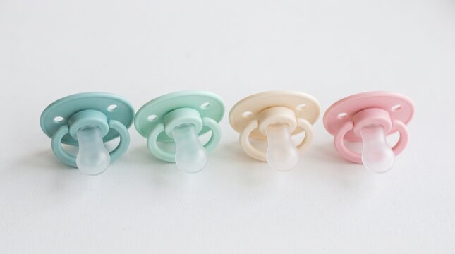 Pastel baby pacifiers in a row, colorful silicone soothers for infants, minimalist nursery accessories on white background