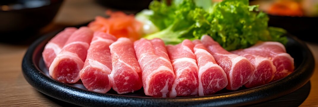 Sliced pork belly for japanese shabu shabu or sukiyaki hot pot fresh meat presentation on black plate