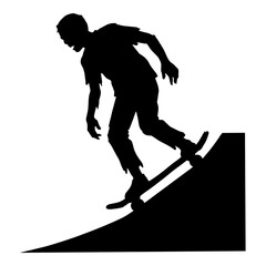 Fototapeta premium Silhouette of a zombie skateboarding down a ramp, energetic and spooky action.