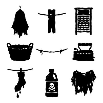 Laundry day laundry icons including washboard iron basket and clotheslines for domestic chores and home cleaning branding.