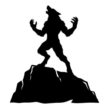 Fierce werewolf silhouette howling on rocky cliff black figure isolated for dark fantasy horror and folklore illustrations.