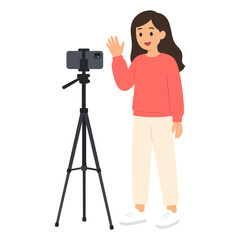 Young woman vlogging with smartphone on tripod vector illustration