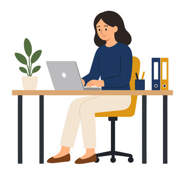 Young woman working on laptop at desk vector illustration