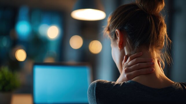 Woman with neck pain near laptop