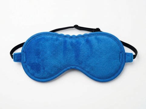 Blue plush sleep mask with adjustable black elastic strap isolated on white background