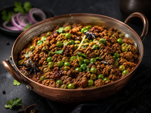 Keema matar served in a rustic-modern copper pan, green peas and aromatic spices, charcoal background