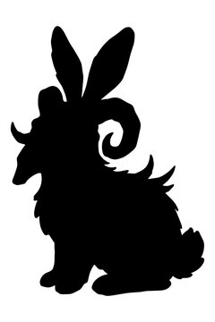 Black silhouette of mythical horned jackalope rabbit creature with large ears and ram horns on white background.