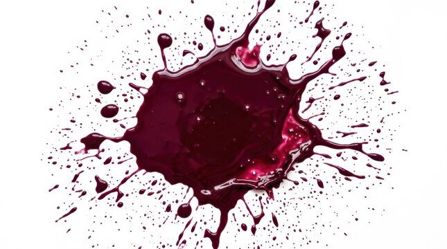 Glossy dark red wine and nail polish splash splatter background with droplets isolated on pure white background, ideal graphic design element for luxury cosmetic, artistic, or liquid beverage concept