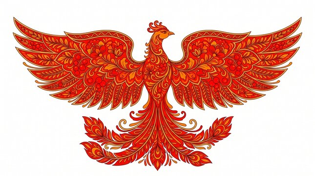 Ornate Red and Orange Firebird Illustration with Detailed Floral Patterns on White Background