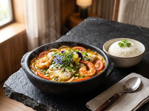 Authentic Brazilian Moqueca Capixaba featuring fresh fish, shrimp, tomatoes, onions, cilantro and flavorful seafood broth, served in a traditional clay pot with elegant fine dining presentation