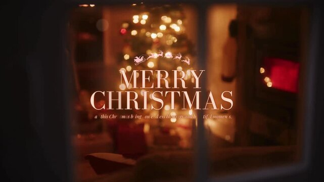 Santa claus sleigh silhouette on a cozy window at night