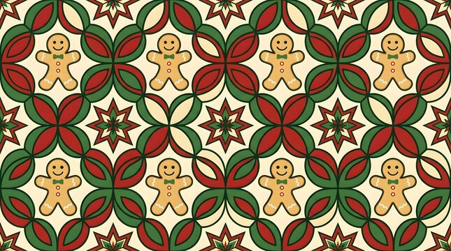 Christmas pattern merry christmas with gingerbread man and geometric star holiday design background