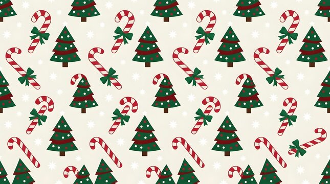 Christmas tree and candy cane pattern with merry christmas festive design for winter holiday background