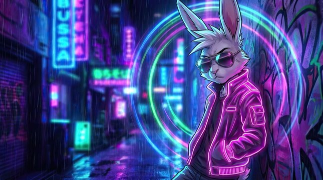 Cool rabbit in neon jacket on rainy cyberpunk street