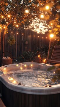 Luxury backyard hot tub relaxation at dusk with string lights and cozy ambiance