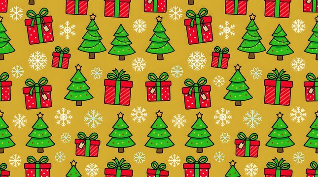 Christmas pattern design with merry christmas greeting trees and gift boxes