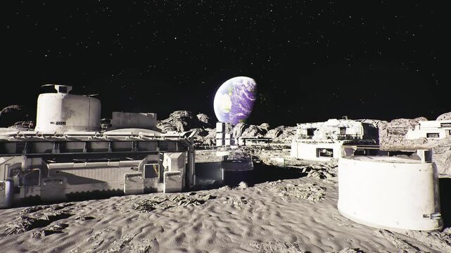 lunar mining plant beside reflective basin heavy processing towers, conveyor belts, ore crushers, containment tanks, dust mitigation systems and distant violet