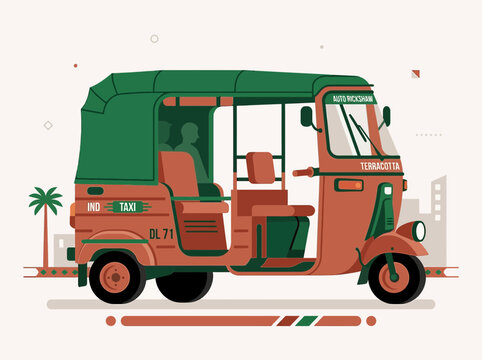 Illustration of a green and orange auto rickshaw tuktuk vehicle on a light background.