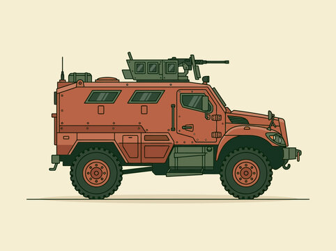 Illustration of a red armored military transport vehicle with a mounted machine gun.